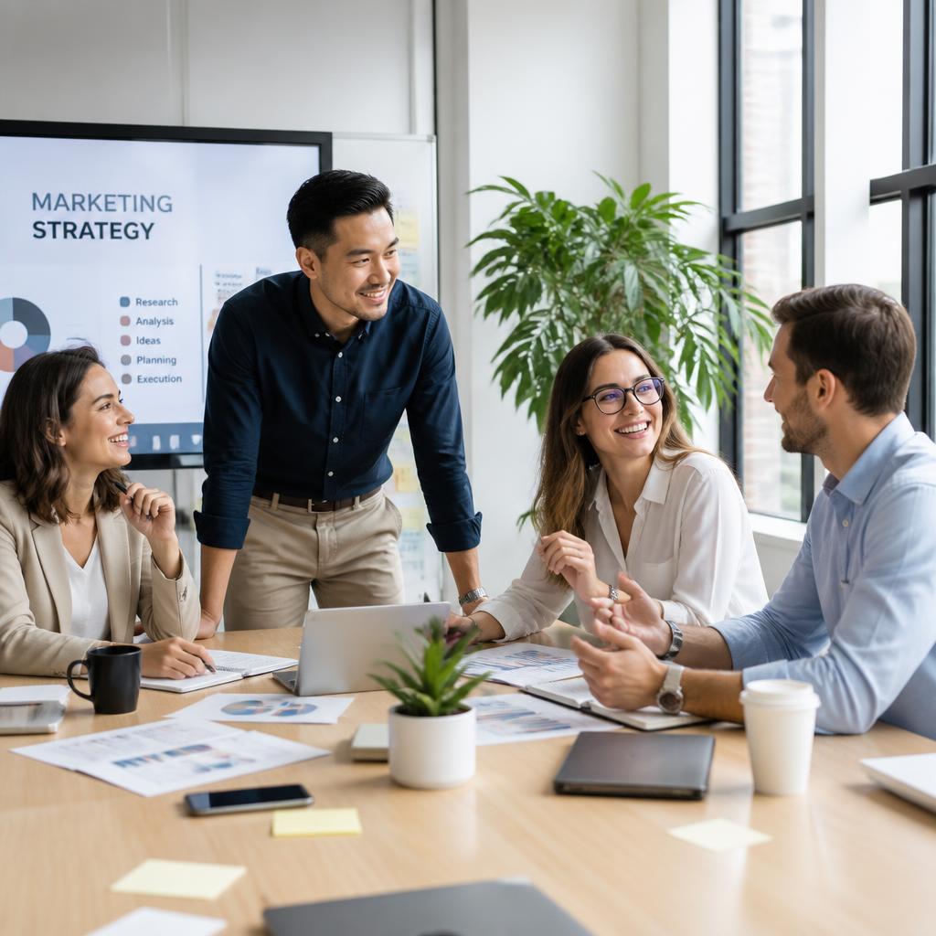 Consultores de marketing colaborando en una oficina moderna
